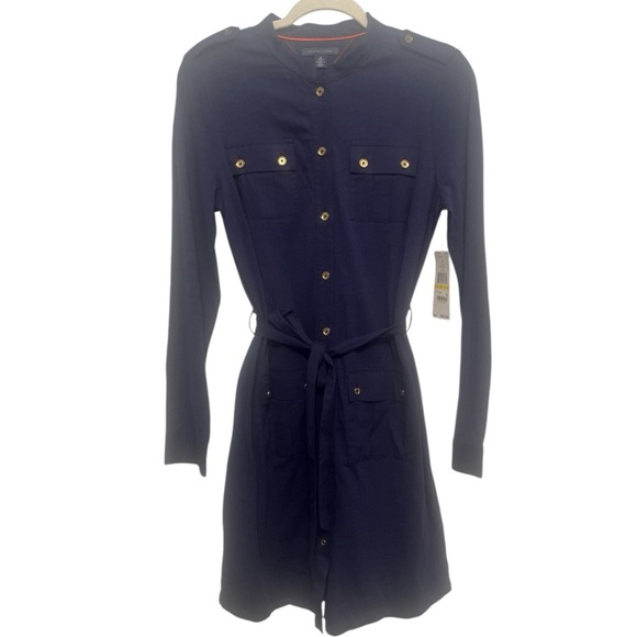 Tommy Hilfiger Button Cotton Shirt Dress Knee Length Navy Belted NWT size Medium - Picture 1 of 11